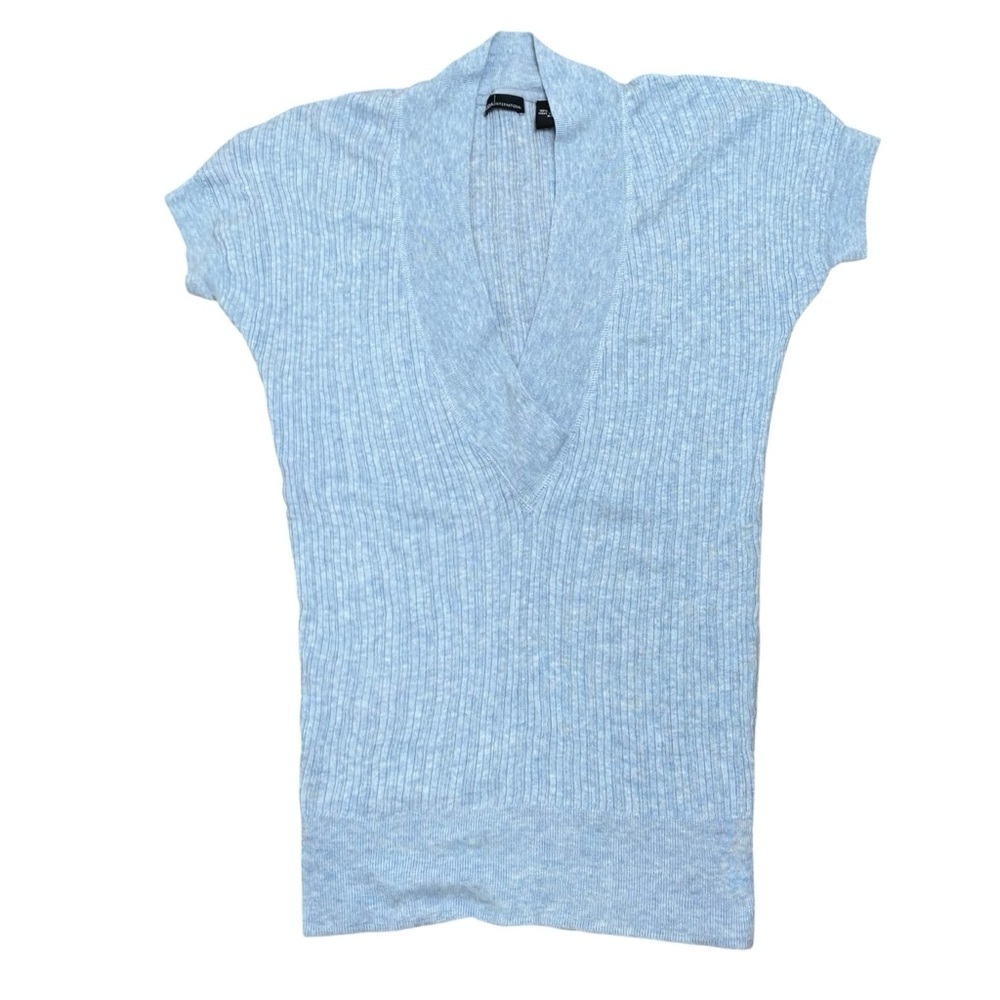 MODA INTERNATIONAL Vintage Y2K Sky Blue V-Neck Ribbed Cotton Short Sleeve Top - Picture 5 of 13